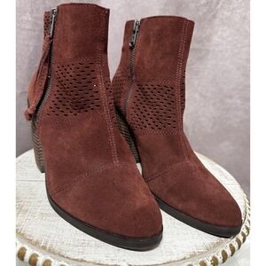 Lucky Brand Booties Women's 7.5M Suede Double Zip Heel Red Wine Very‎ Good Cond